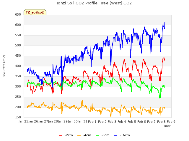 plot of Tonzi Soil CO2 Profile: Tree (West) CO2