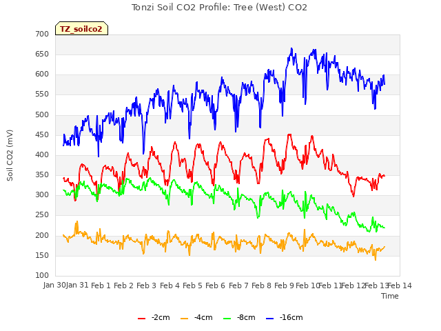 plot of Tonzi Soil CO2 Profile: Tree (West) CO2