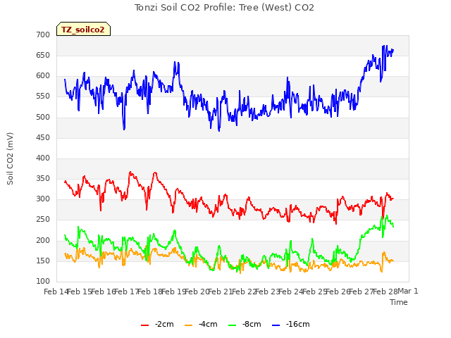 plot of Tonzi Soil CO2 Profile: Tree (West) CO2