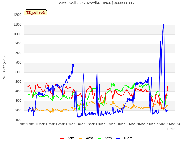 plot of Tonzi Soil CO2 Profile: Tree (West) CO2