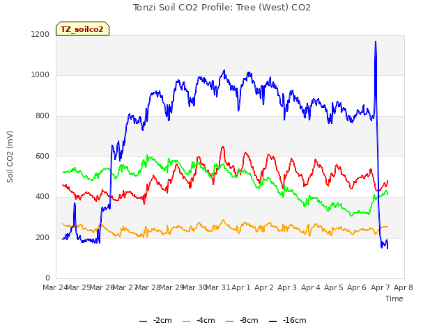 plot of Tonzi Soil CO2 Profile: Tree (West) CO2