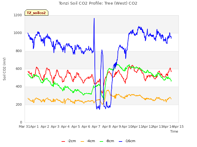 plot of Tonzi Soil CO2 Profile: Tree (West) CO2