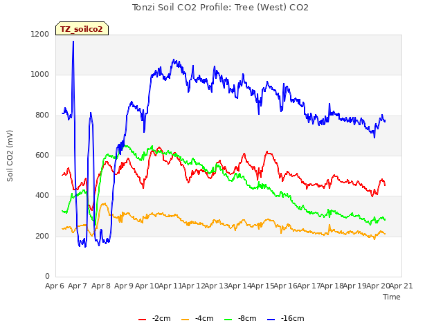 plot of Tonzi Soil CO2 Profile: Tree (West) CO2