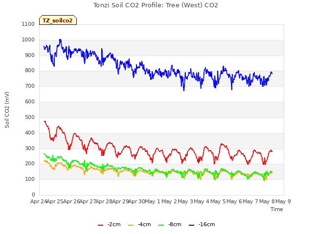 plot of Tonzi Soil CO2 Profile: Tree (West) CO2