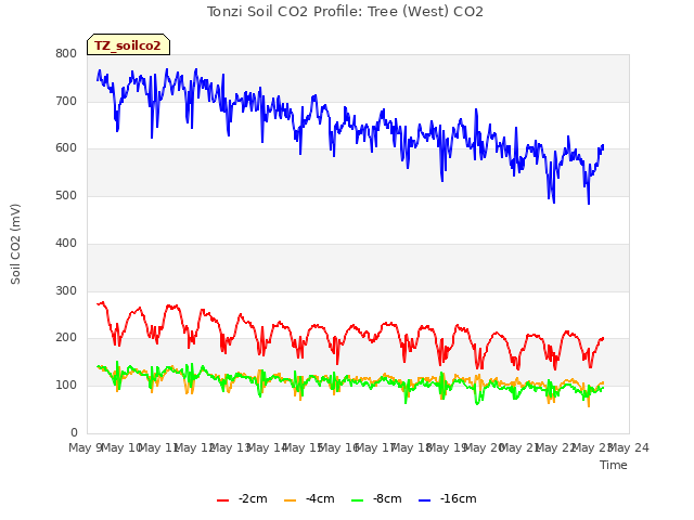 plot of Tonzi Soil CO2 Profile: Tree (West) CO2