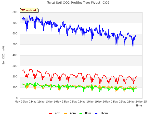 plot of Tonzi Soil CO2 Profile: Tree (West) CO2