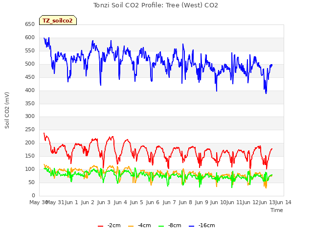 plot of Tonzi Soil CO2 Profile: Tree (West) CO2