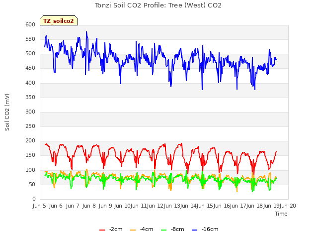 plot of Tonzi Soil CO2 Profile: Tree (West) CO2