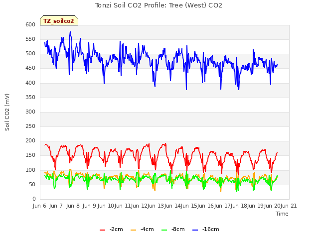 plot of Tonzi Soil CO2 Profile: Tree (West) CO2