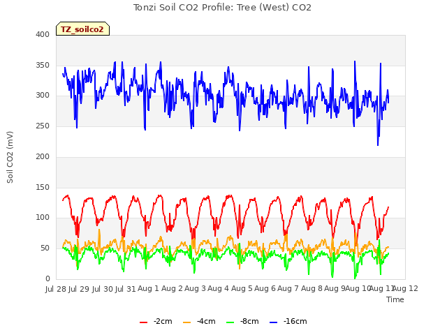 plot of Tonzi Soil CO2 Profile: Tree (West) CO2