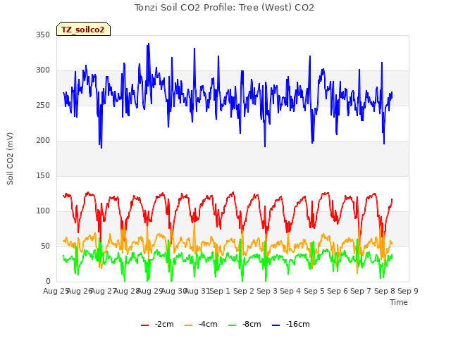 plot of Tonzi Soil CO2 Profile: Tree (West) CO2