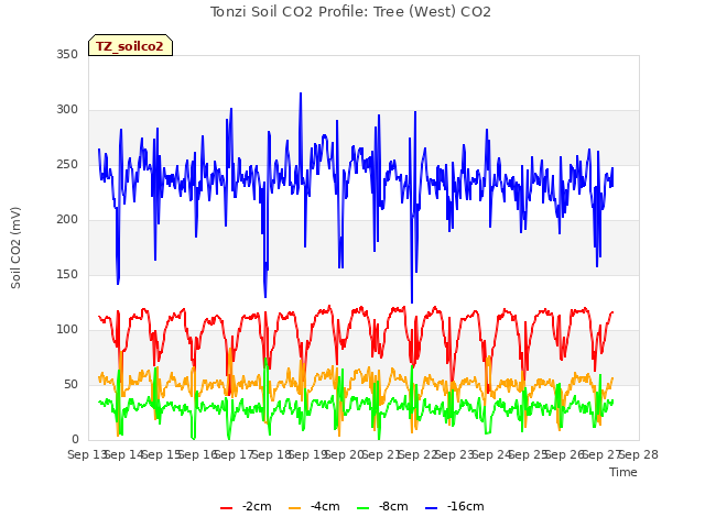 plot of Tonzi Soil CO2 Profile: Tree (West) CO2