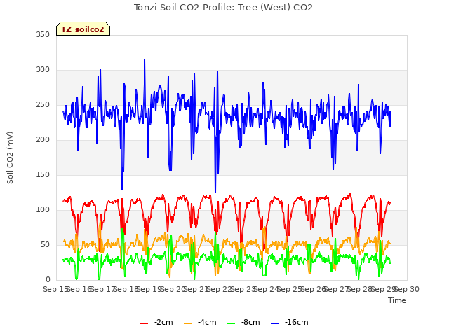 plot of Tonzi Soil CO2 Profile: Tree (West) CO2