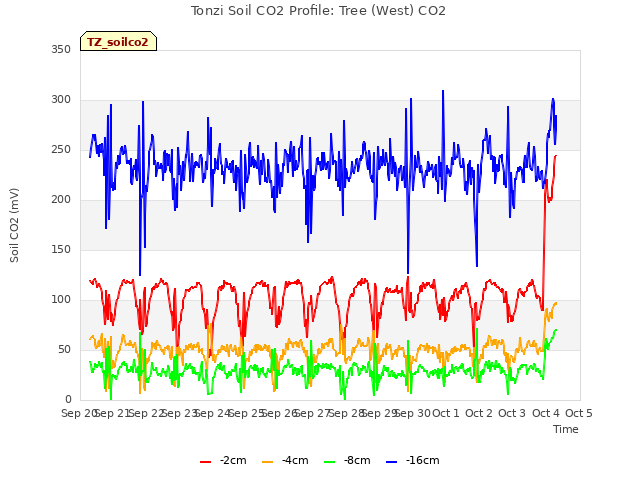 plot of Tonzi Soil CO2 Profile: Tree (West) CO2