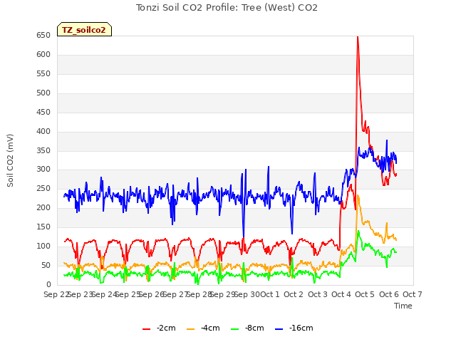 plot of Tonzi Soil CO2 Profile: Tree (West) CO2