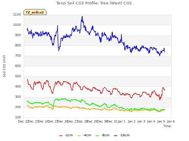 plot of Tonzi Soil CO2 Profile: Tree (West) CO2