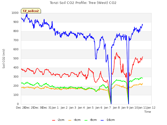 plot of Tonzi Soil CO2 Profile: Tree (West) CO2