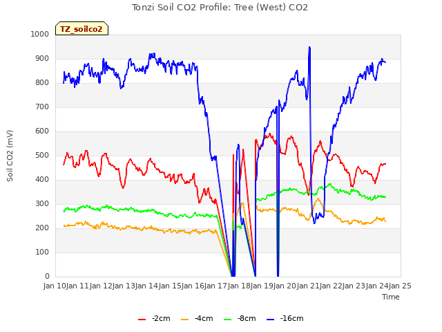 plot of Tonzi Soil CO2 Profile: Tree (West) CO2