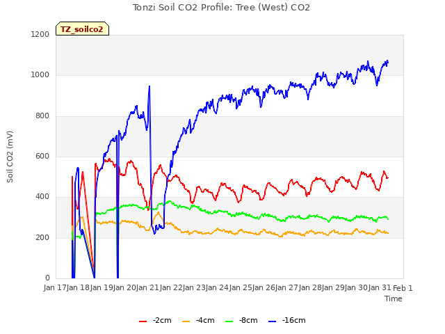 plot of Tonzi Soil CO2 Profile: Tree (West) CO2