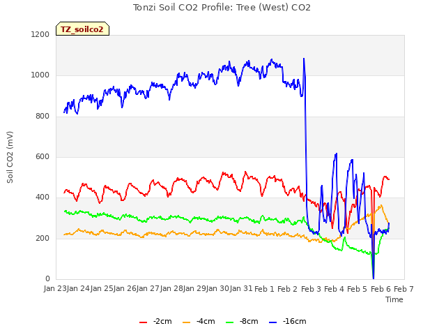 plot of Tonzi Soil CO2 Profile: Tree (West) CO2