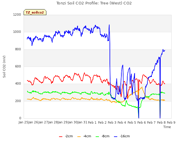 plot of Tonzi Soil CO2 Profile: Tree (West) CO2