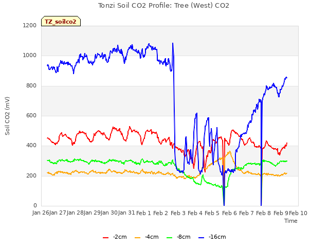 plot of Tonzi Soil CO2 Profile: Tree (West) CO2