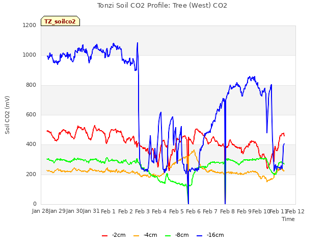 plot of Tonzi Soil CO2 Profile: Tree (West) CO2