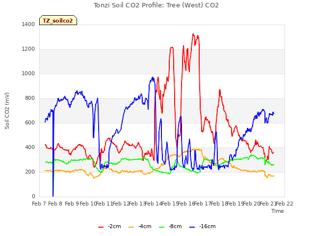 plot of Tonzi Soil CO2 Profile: Tree (West) CO2