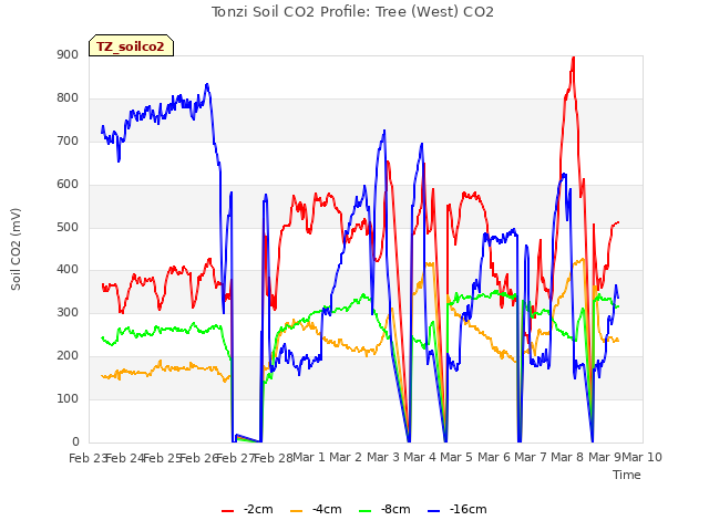 plot of Tonzi Soil CO2 Profile: Tree (West) CO2