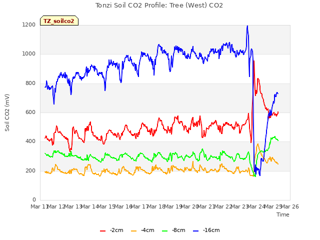 plot of Tonzi Soil CO2 Profile: Tree (West) CO2