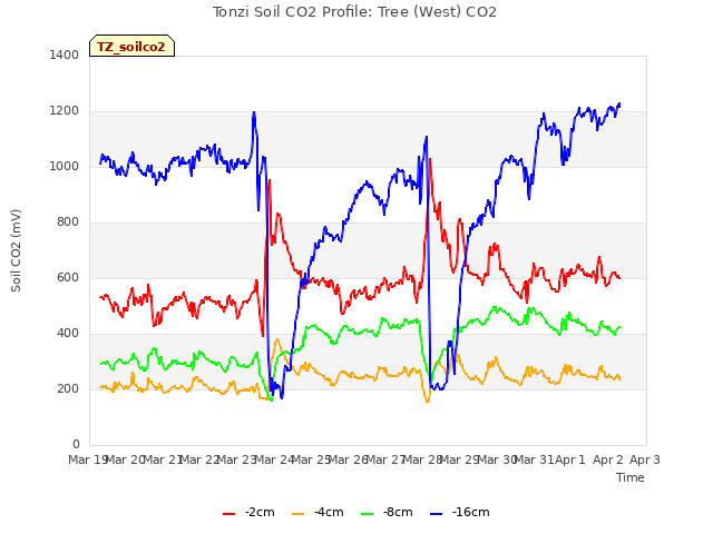 plot of Tonzi Soil CO2 Profile: Tree (West) CO2