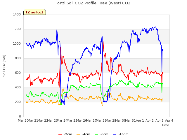 plot of Tonzi Soil CO2 Profile: Tree (West) CO2