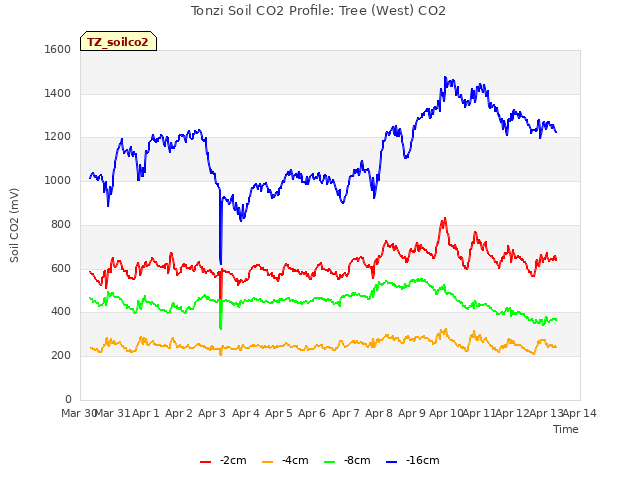 plot of Tonzi Soil CO2 Profile: Tree (West) CO2
