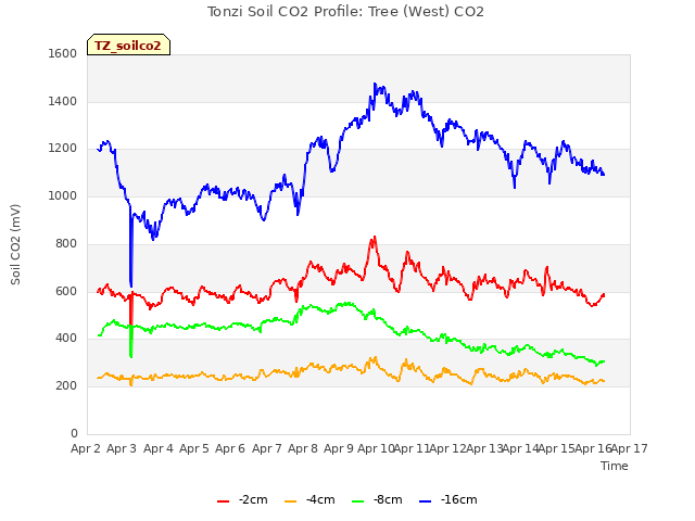 plot of Tonzi Soil CO2 Profile: Tree (West) CO2