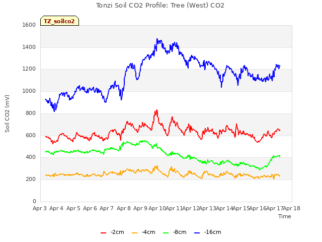 plot of Tonzi Soil CO2 Profile: Tree (West) CO2