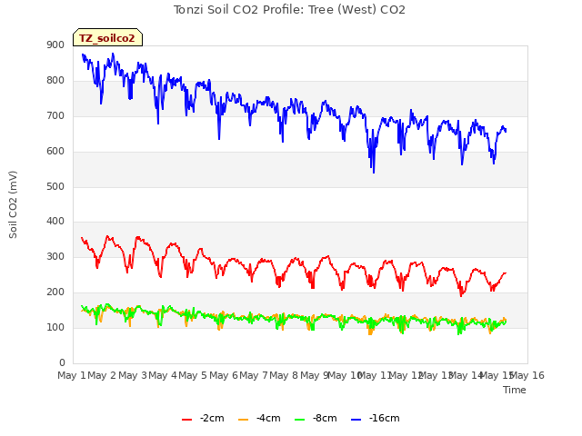 plot of Tonzi Soil CO2 Profile: Tree (West) CO2