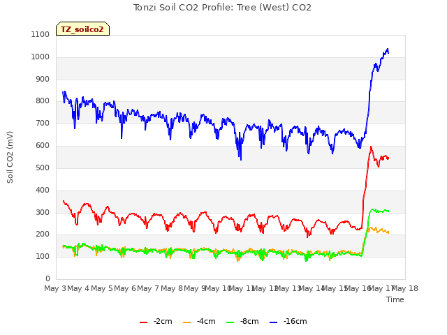 plot of Tonzi Soil CO2 Profile: Tree (West) CO2