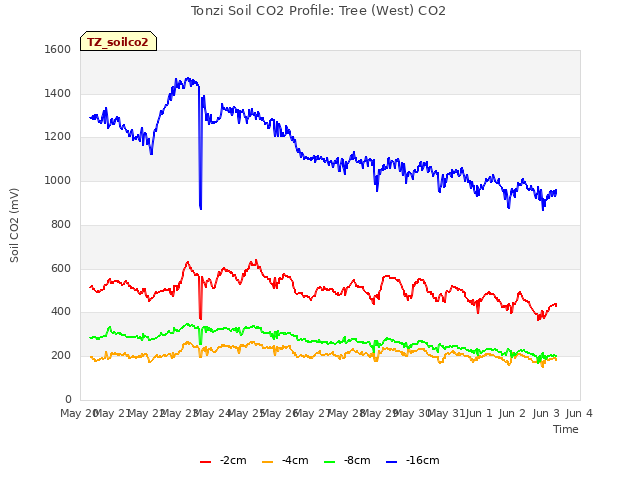 plot of Tonzi Soil CO2 Profile: Tree (West) CO2