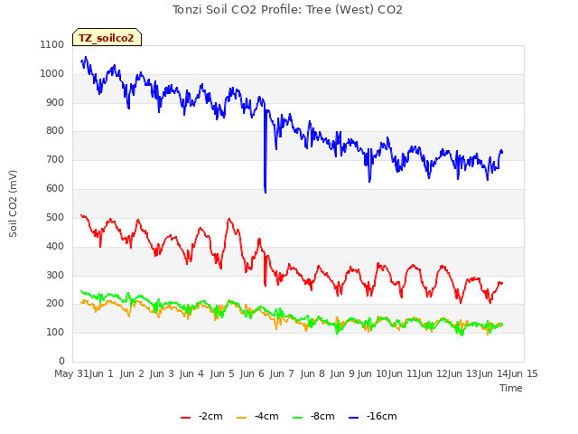 plot of Tonzi Soil CO2 Profile: Tree (West) CO2