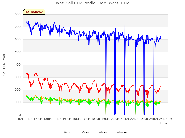 plot of Tonzi Soil CO2 Profile: Tree (West) CO2