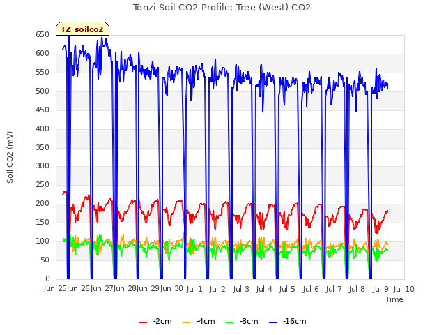 plot of Tonzi Soil CO2 Profile: Tree (West) CO2