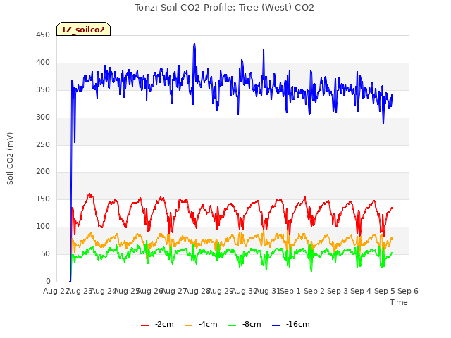 plot of Tonzi Soil CO2 Profile: Tree (West) CO2