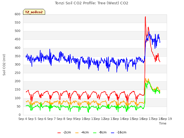 plot of Tonzi Soil CO2 Profile: Tree (West) CO2