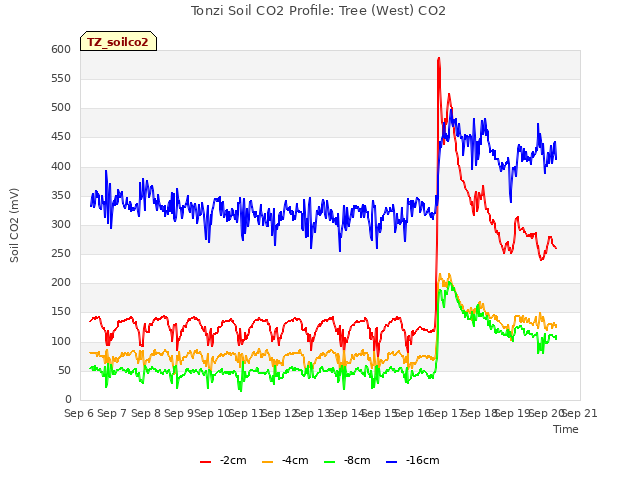 plot of Tonzi Soil CO2 Profile: Tree (West) CO2