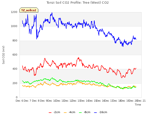 plot of Tonzi Soil CO2 Profile: Tree (West) CO2