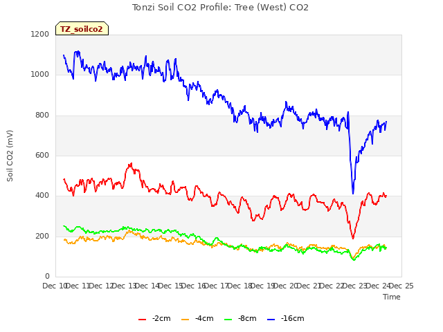 plot of Tonzi Soil CO2 Profile: Tree (West) CO2