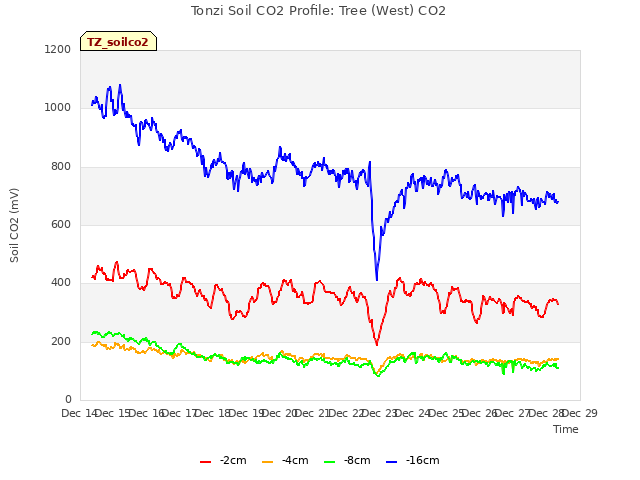 plot of Tonzi Soil CO2 Profile: Tree (West) CO2