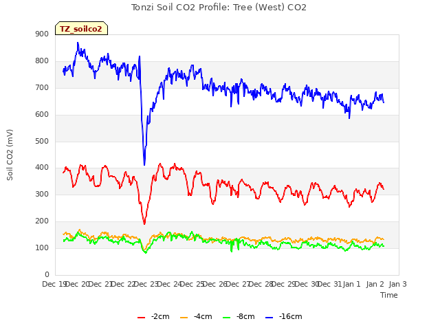 plot of Tonzi Soil CO2 Profile: Tree (West) CO2