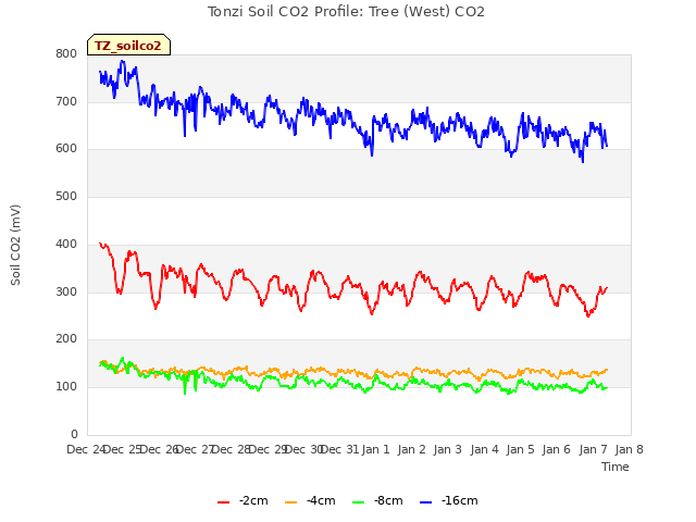 plot of Tonzi Soil CO2 Profile: Tree (West) CO2