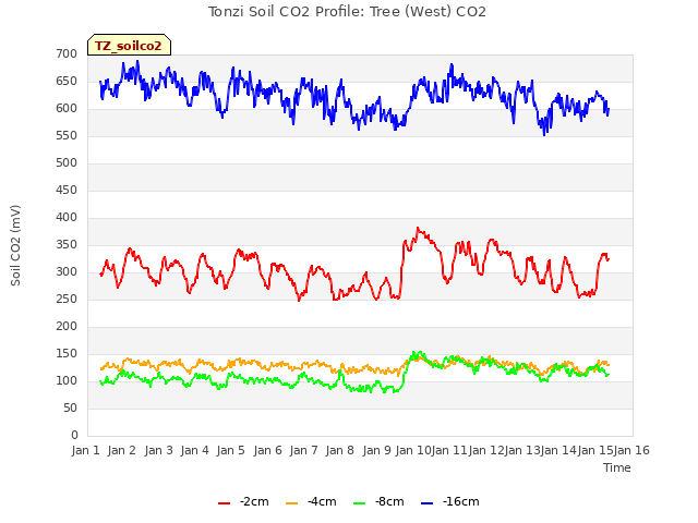 plot of Tonzi Soil CO2 Profile: Tree (West) CO2